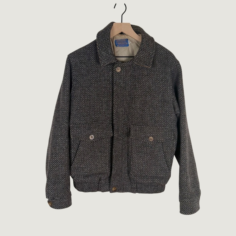 Vtg Pendleton Mens Medium Wool Bomber Jacket Brown Tweed Full Zip USA Made